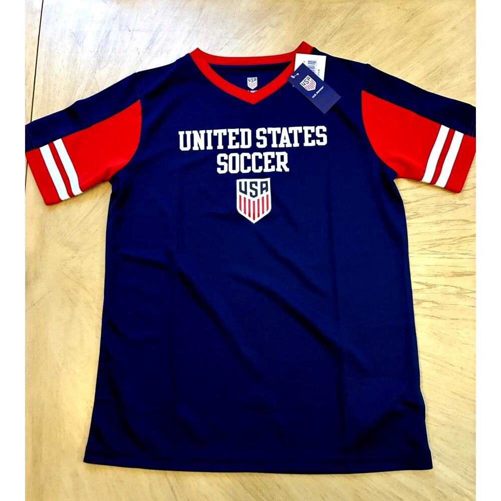 NEW USA Soccer Jersey Boys XL Shirt FIFA World Cup 2026 Blue Red Stripes Sporty